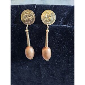 Vintage 90s Earrings‎ Clip On Roman Coin Dangle Champagne